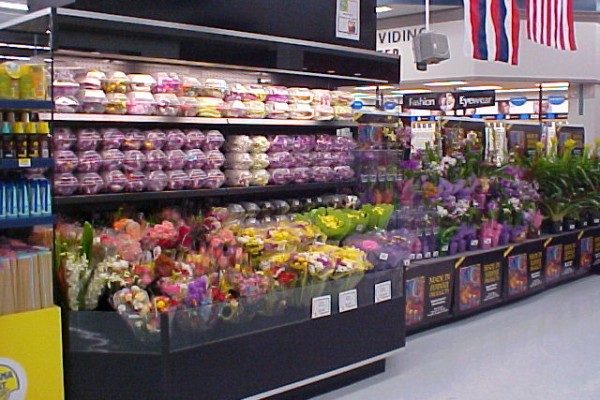 Side view of open front floral case with conversion flip-up shelves - Borgen Systems